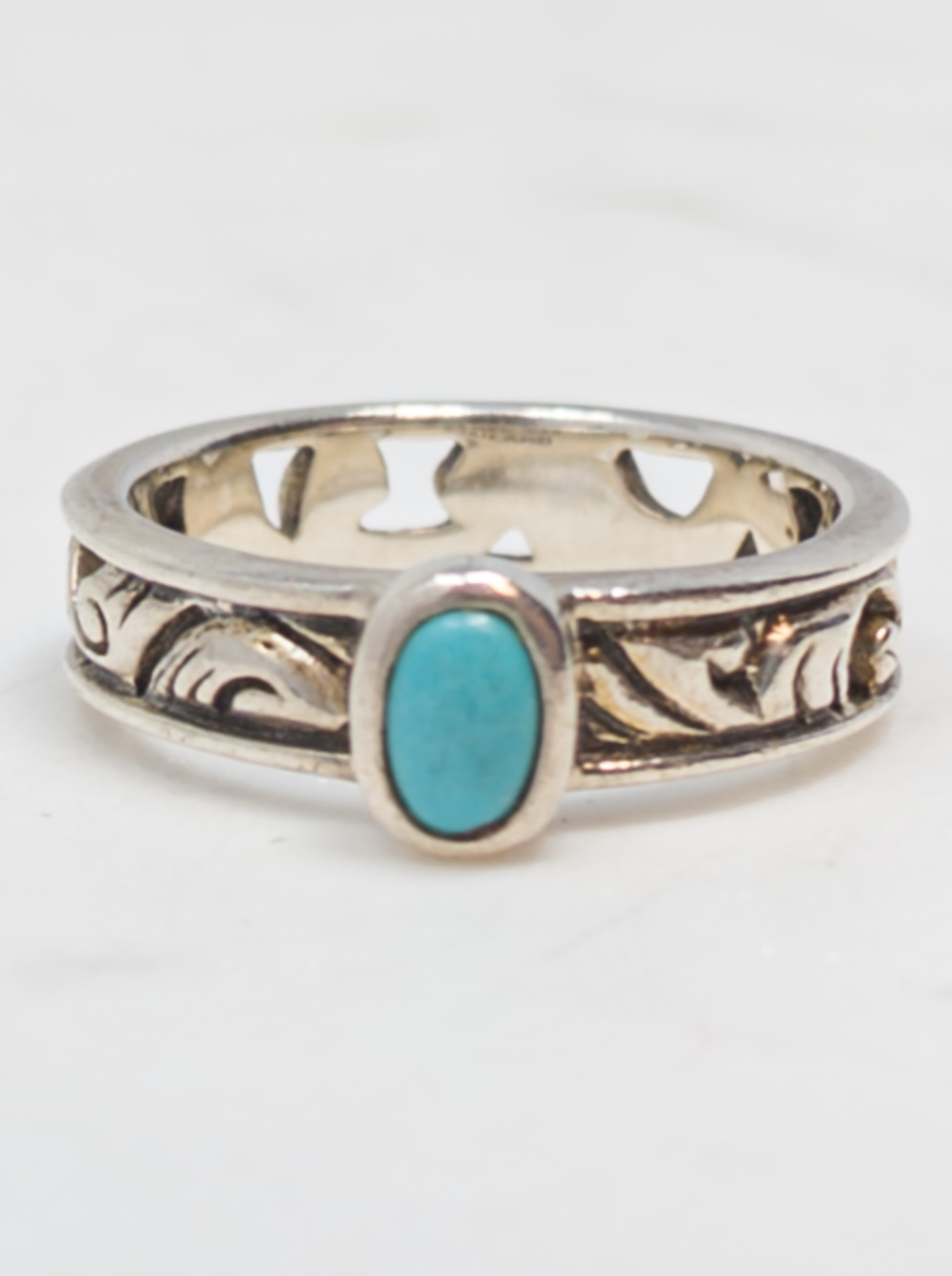 Barse 925 Sterling Silver Turquoise Scroll Ring, Sz 7.75, Handmade Thailand